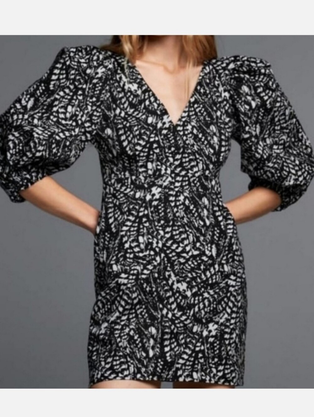 Zara The Kacy Puff Sleeve Mini Dress Featuring Black And White Geometric Print
